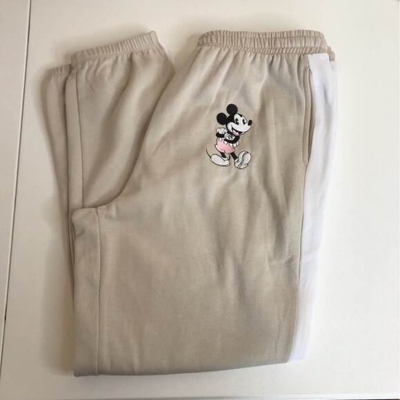 Disney Mickey Mouse Sweatpants Beige White Tuxedo Stripe Embroidered Pockets XL - Picture 5 of 12